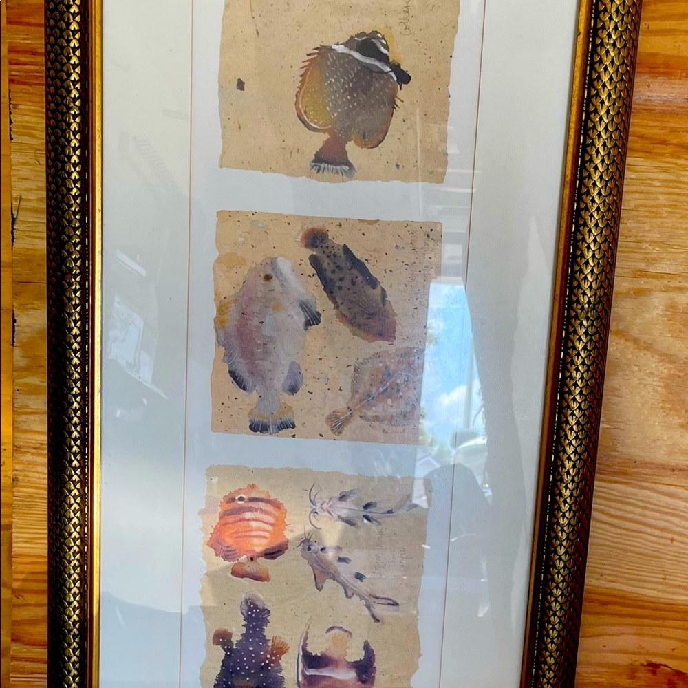 3 Picture frame. Tropical fish. Glass front. Gold wood carved frame.